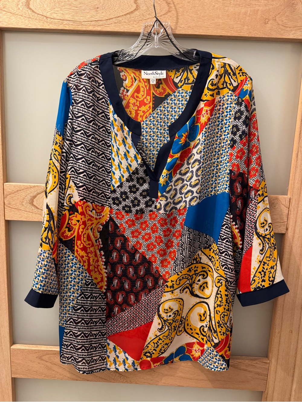 NorthStyle Sheer Colorblock Paisley and Geometric Print Tunic with Navy Neckline